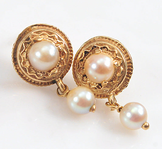 14K Gold Etruscan Revival Pearl Drop Earrings