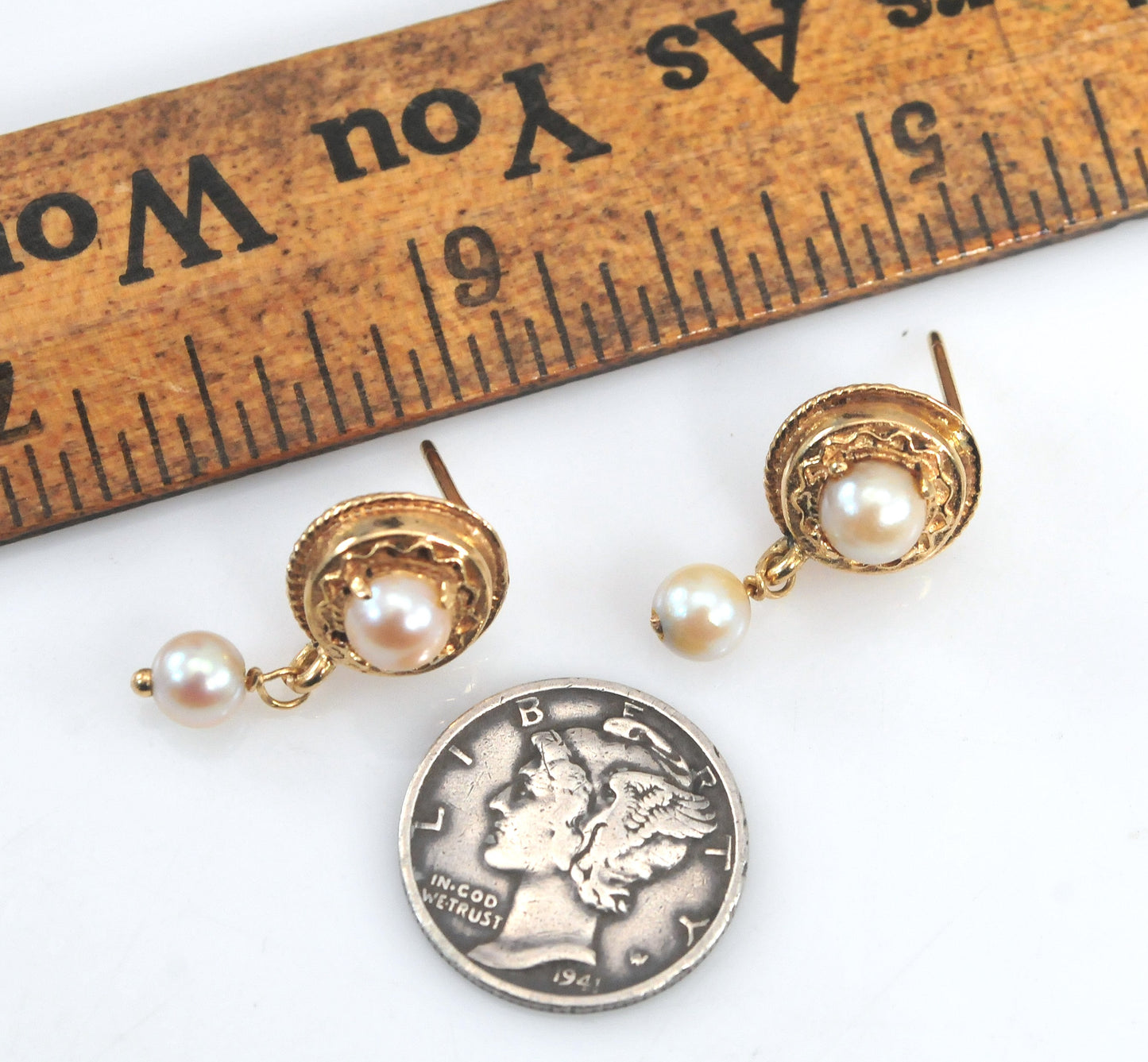 14K Gold Etruscan Revival Pearl Drop Earrings