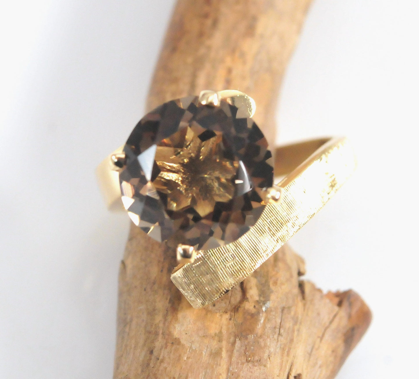 Modernist 14K Gold Smoky Quartz Statement Ring