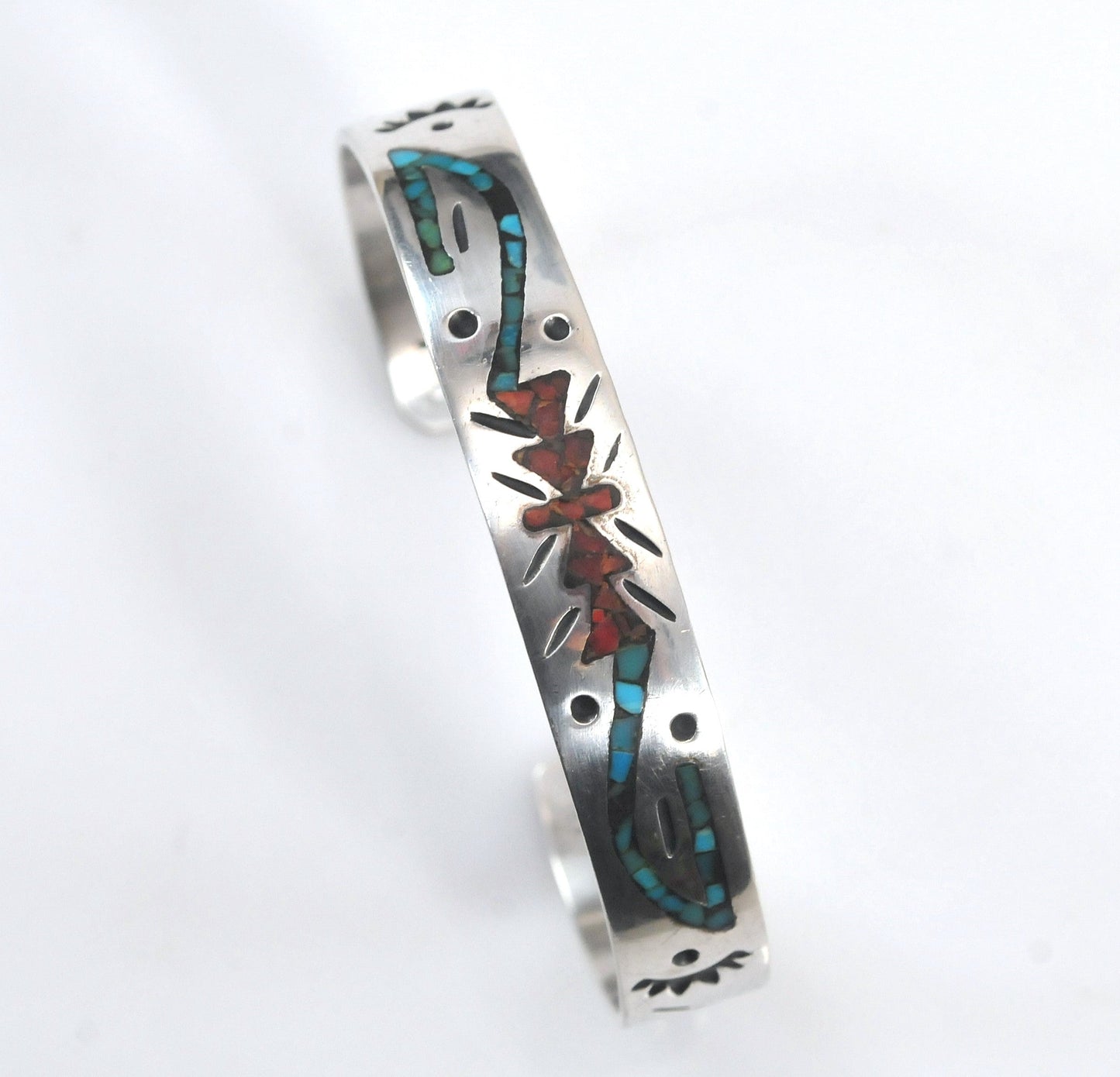 Native American Sterling Silver Turquoise Coral Inlay Cuff Bracelet