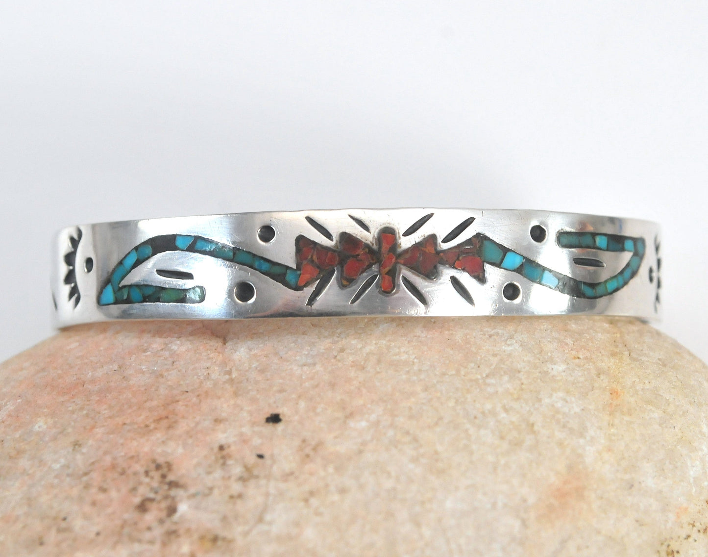 Native American Sterling Silver Turquoise Coral Inlay Cuff Bracelet