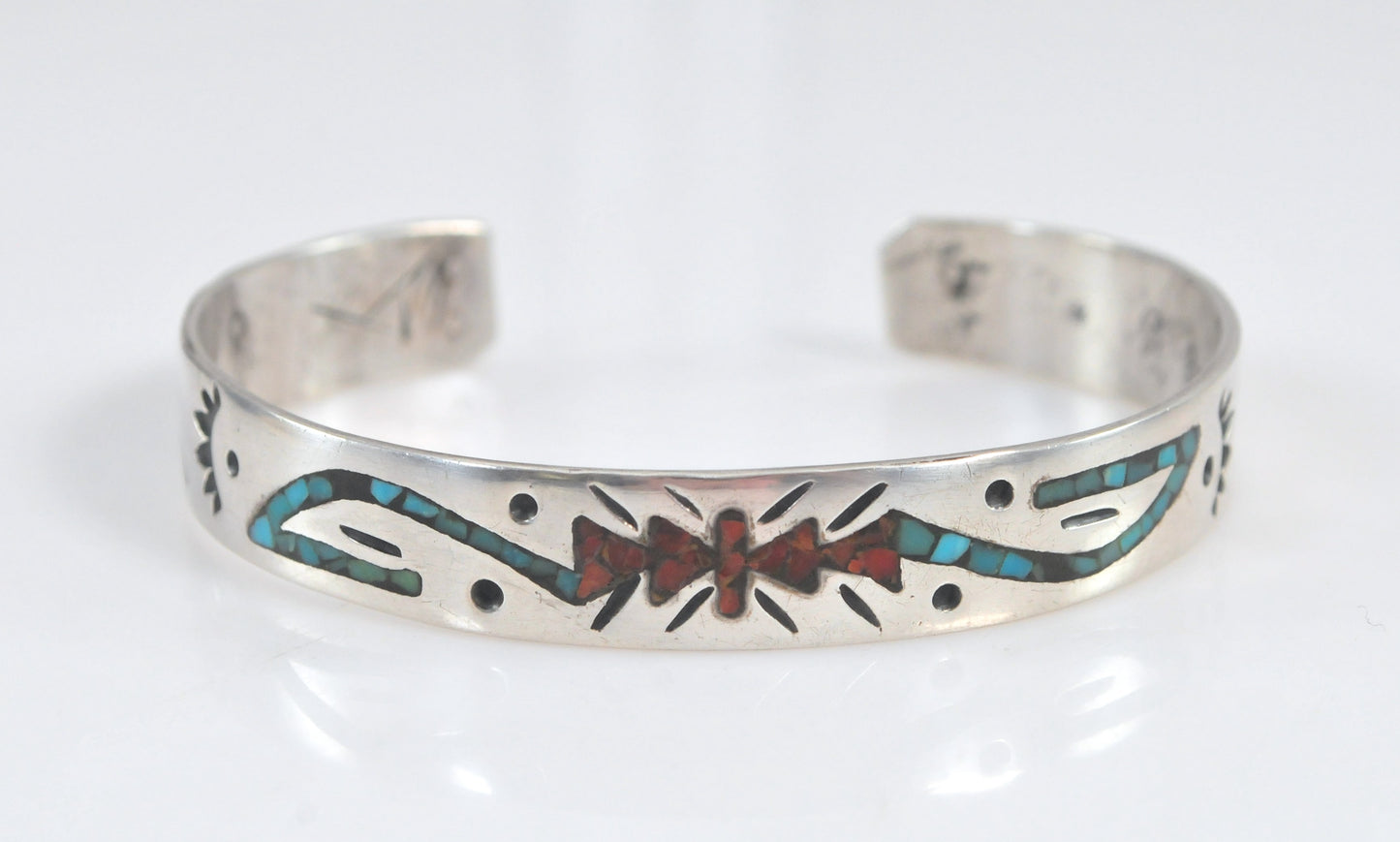 Native American Sterling Silver Turquoise Coral Inlay Cuff Bracelet