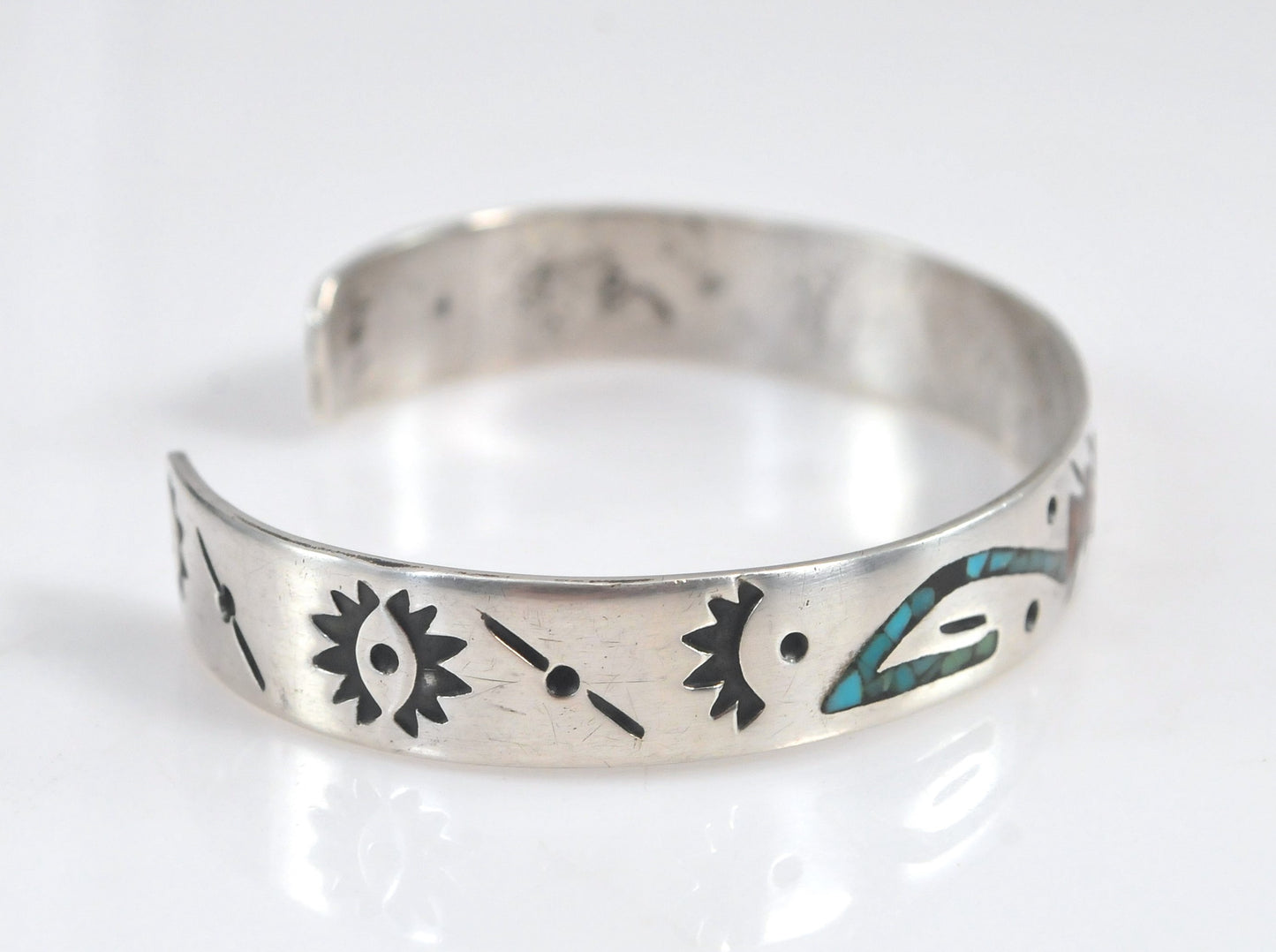 Native American Sterling Silver Turquoise Coral Inlay Cuff Bracelet