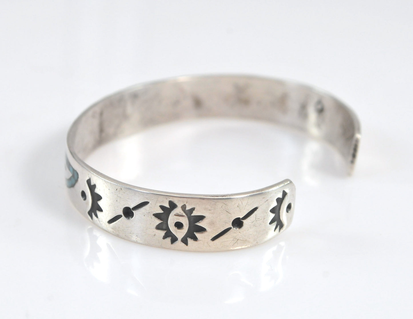 Native American Sterling Silver Turquoise Coral Inlay Cuff Bracelet