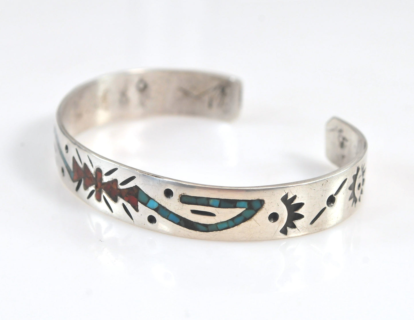 Native American Sterling Silver Turquoise Coral Inlay Cuff Bracelet