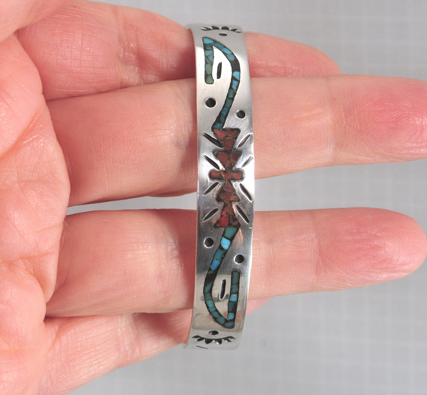 Native American Sterling Silver Turquoise Coral Inlay Cuff Bracelet