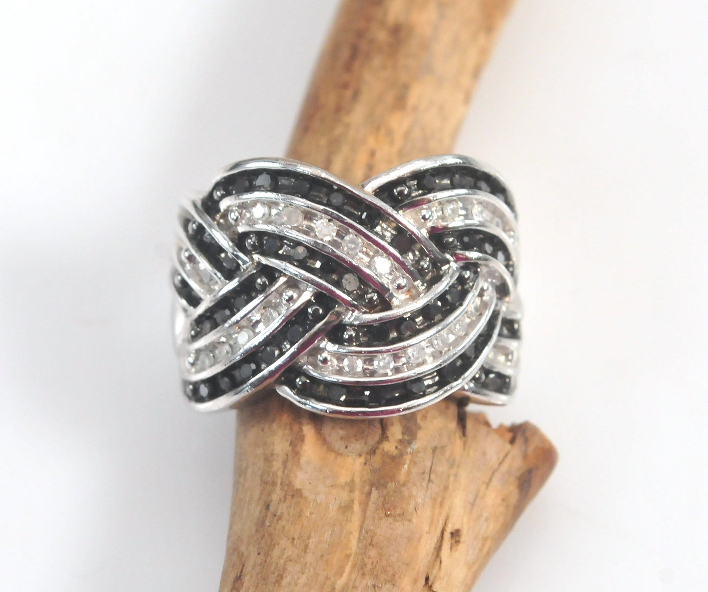 Signed Sterling Silver Black and White Diamond Ring