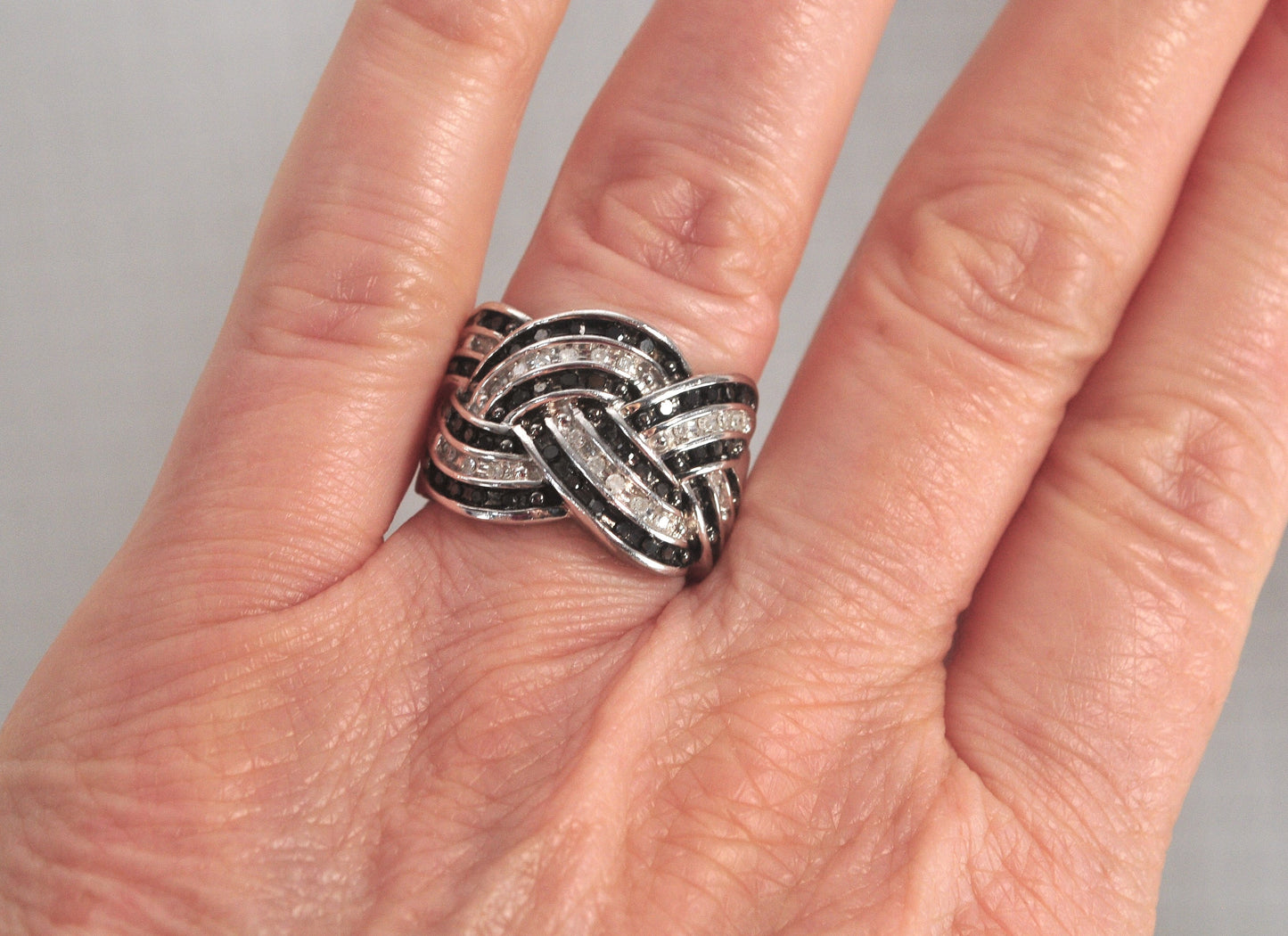 Signed Sterling Silver Black and White Diamond Ring