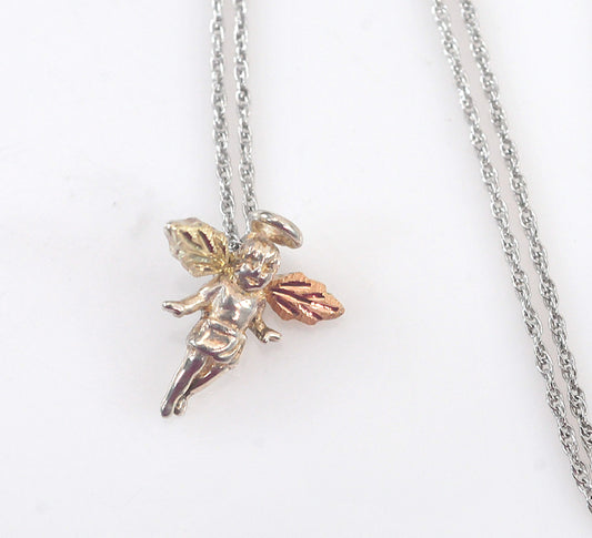 TINY Black Hills Sterling Silver 12K Gold Angel Pendant Necklace
