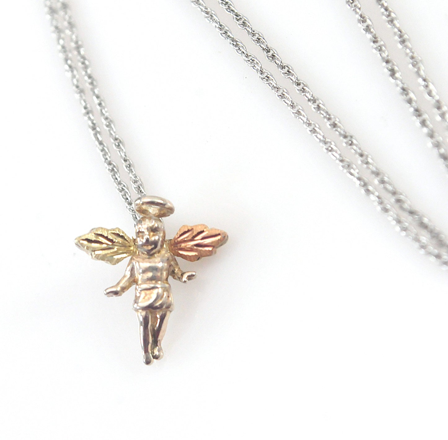 TINY Black Hills Sterling Silver 12K Gold Angel Pendant Necklace