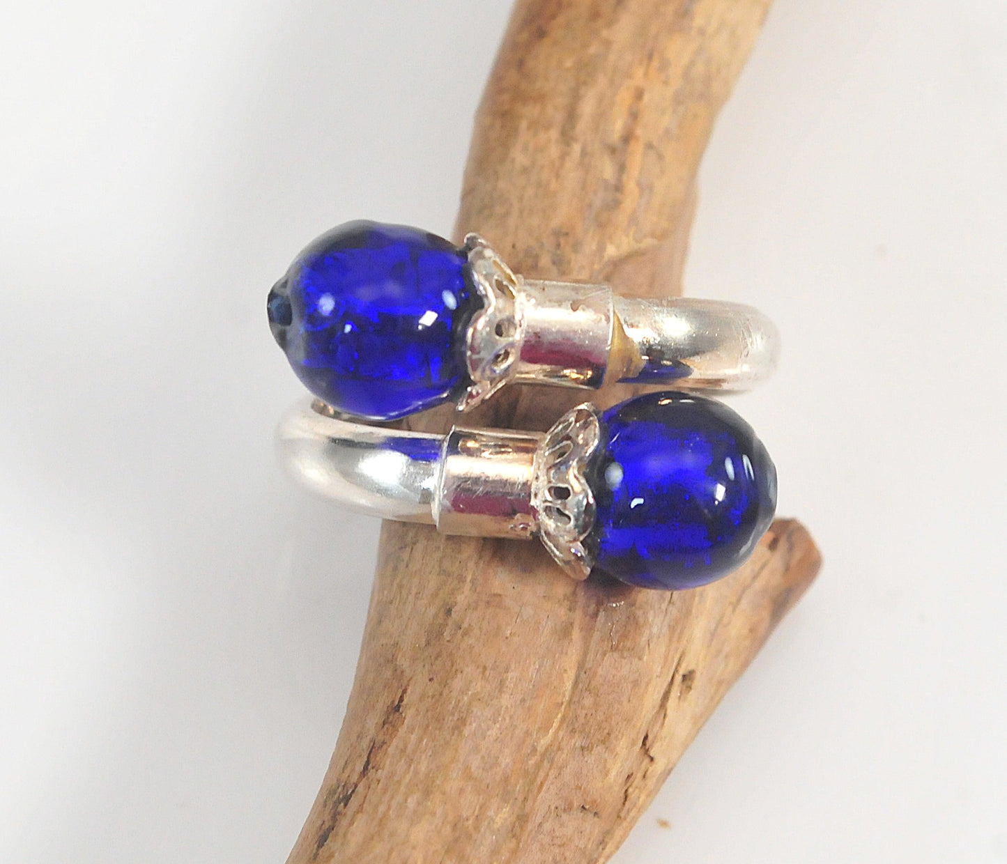 Signed Sterling Silver Blue Glass Bypass Ring