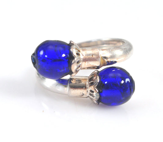 Signed Sterling Silver Blue Glass Bypass Ring