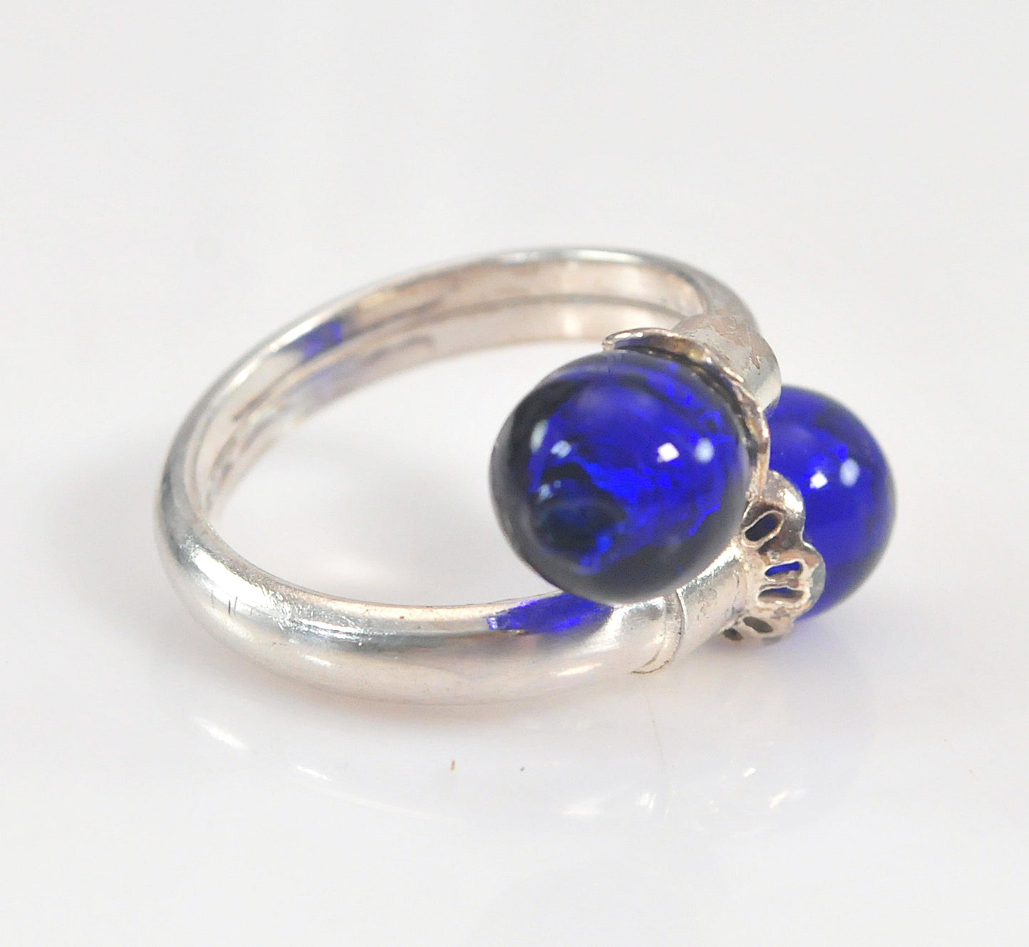 Signed Sterling Silver Blue Glass Bypass Ring