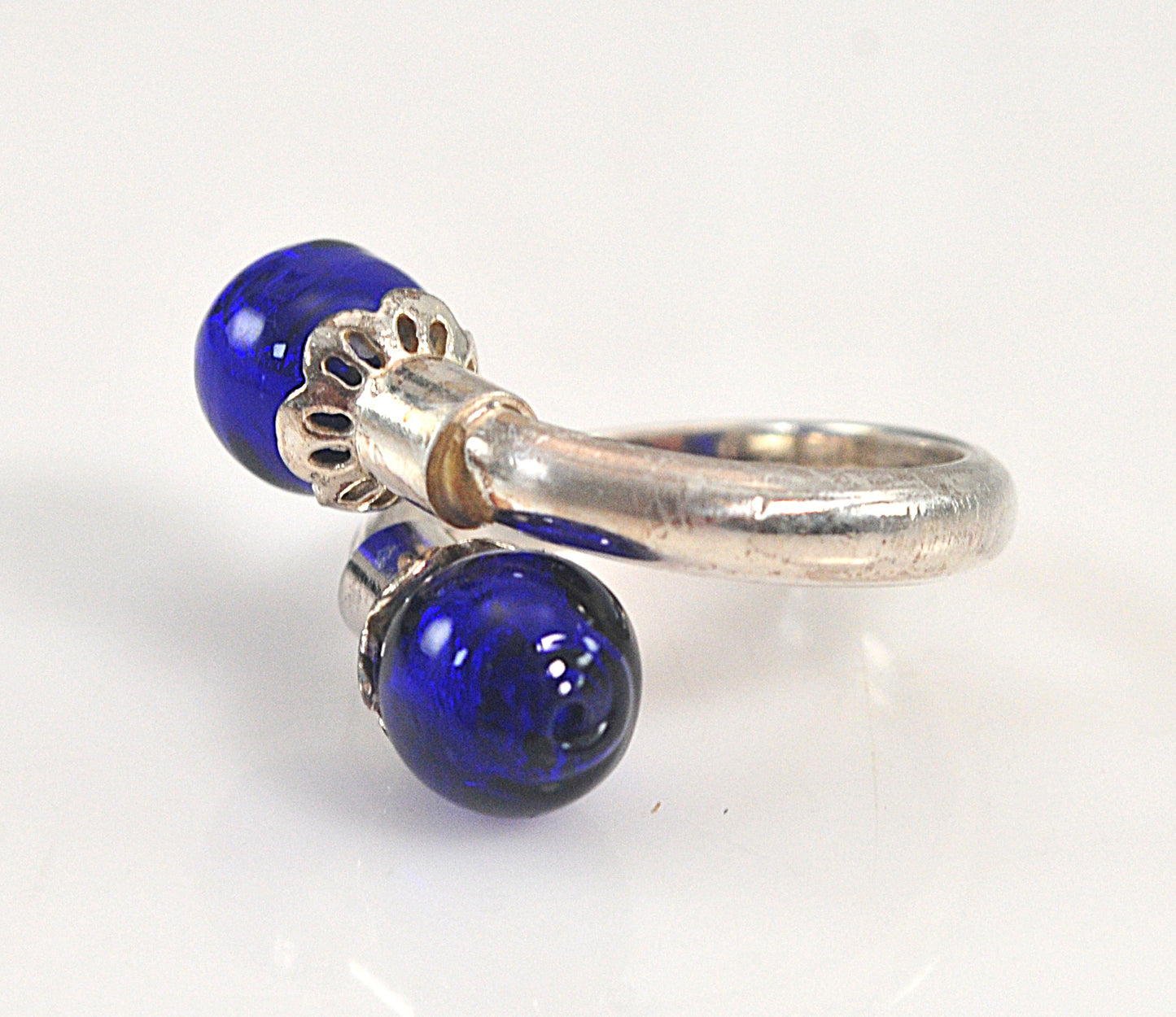Signed Sterling Silver Blue Glass Bypass Ring