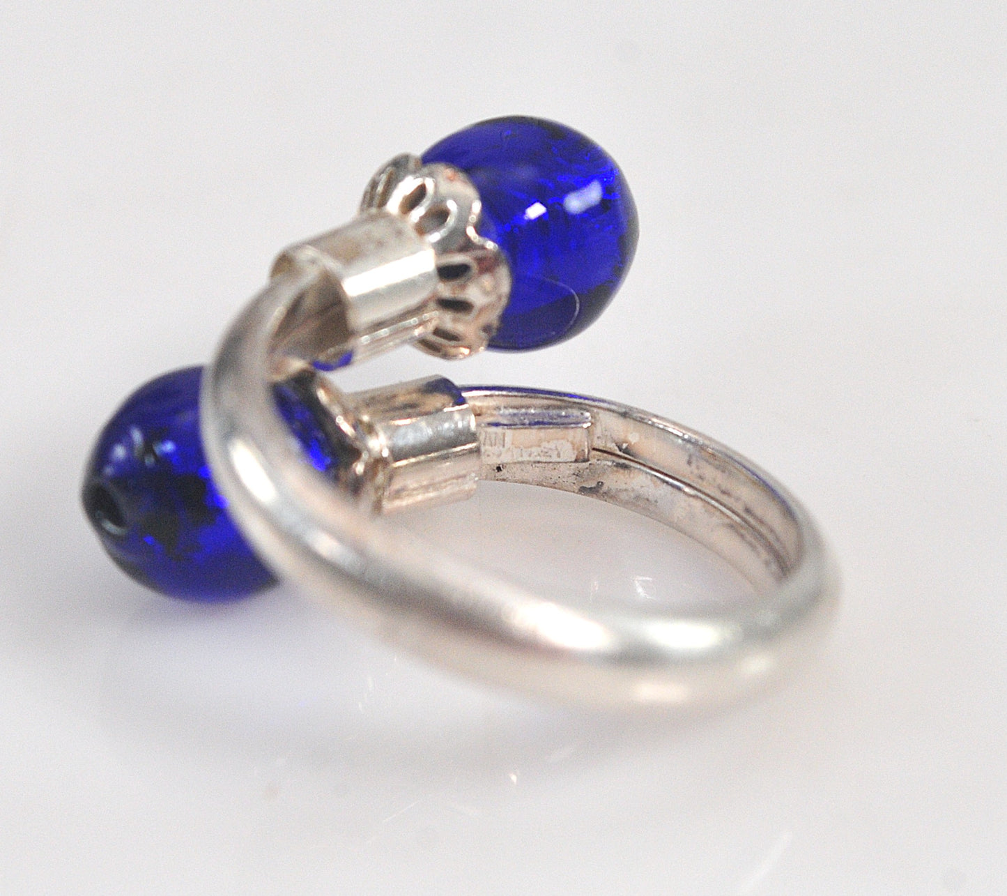 Signed Sterling Silver Blue Glass Bypass Ring