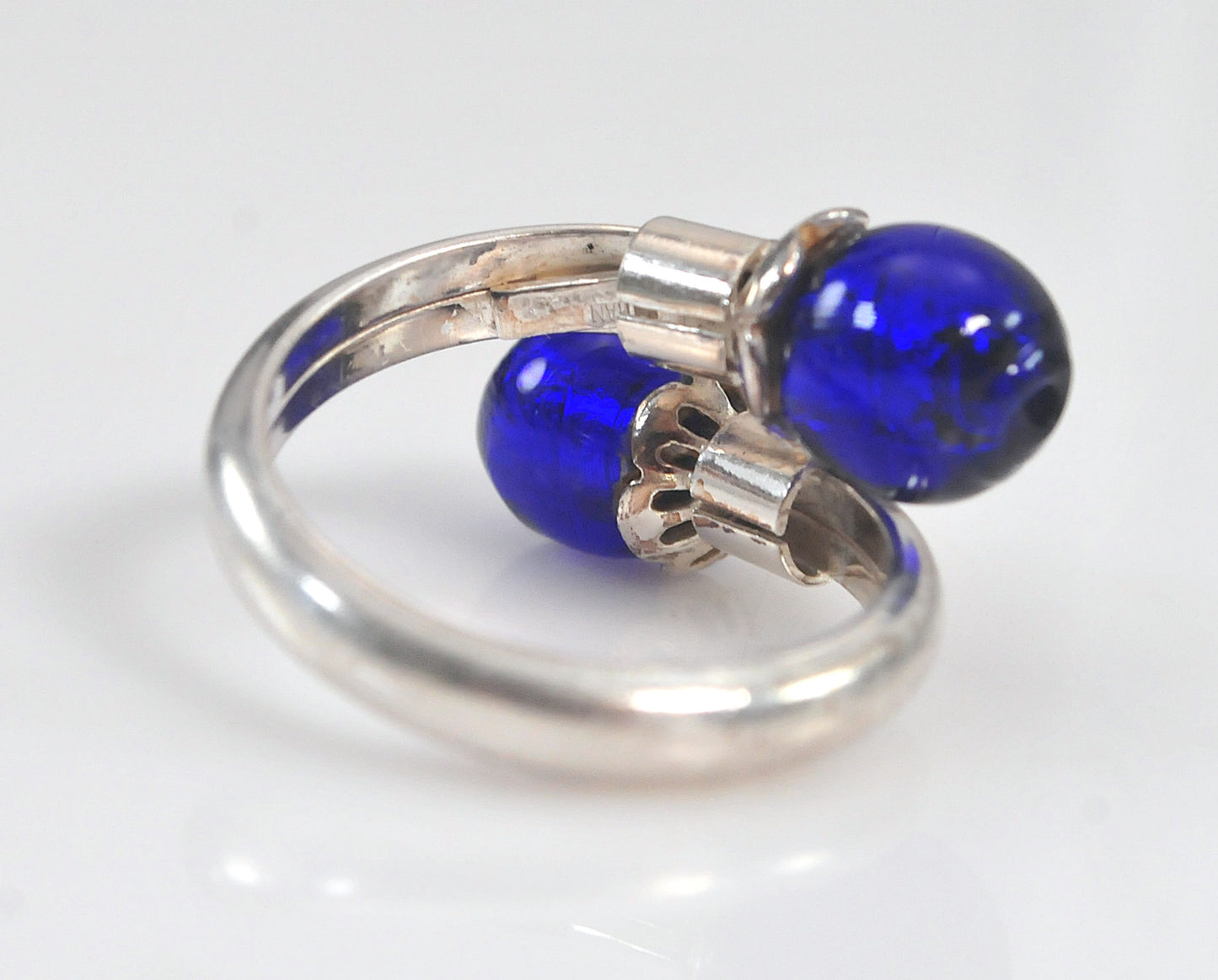 Signed Sterling Silver Blue Glass Bypass Ring