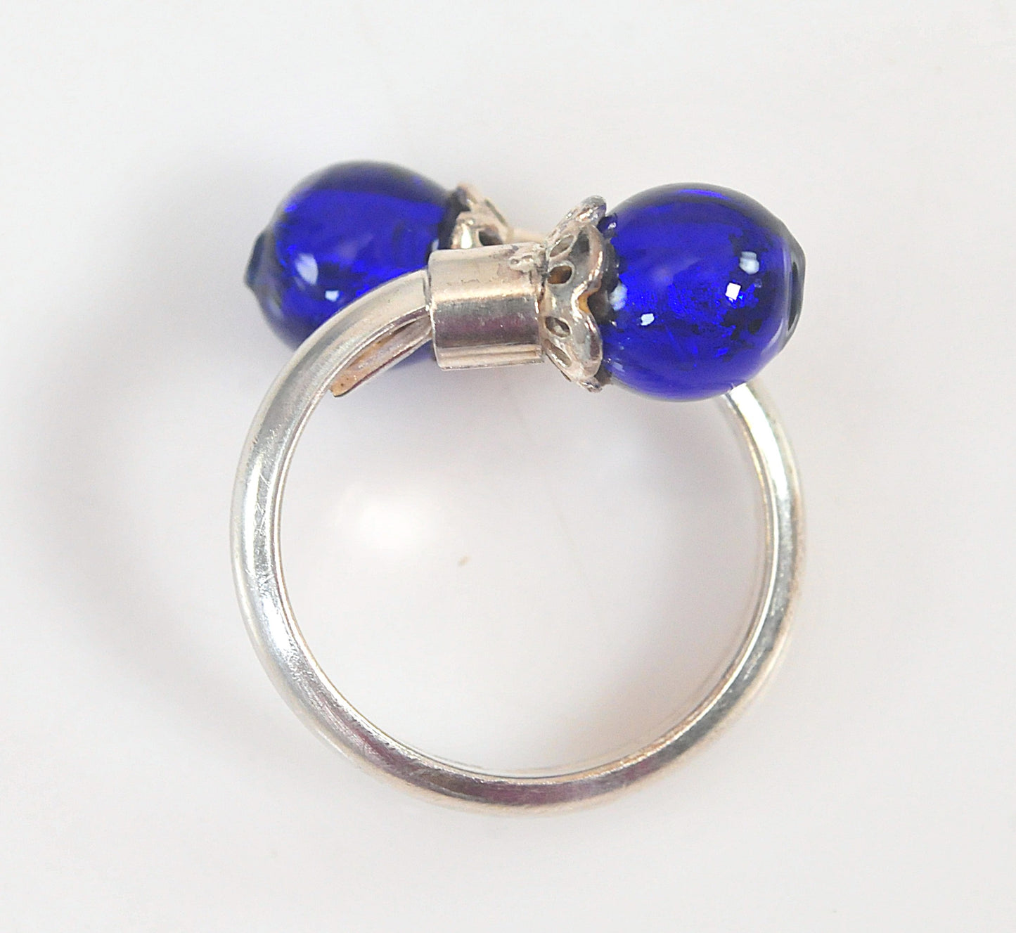 Signed Sterling Silver Blue Glass Bypass Ring