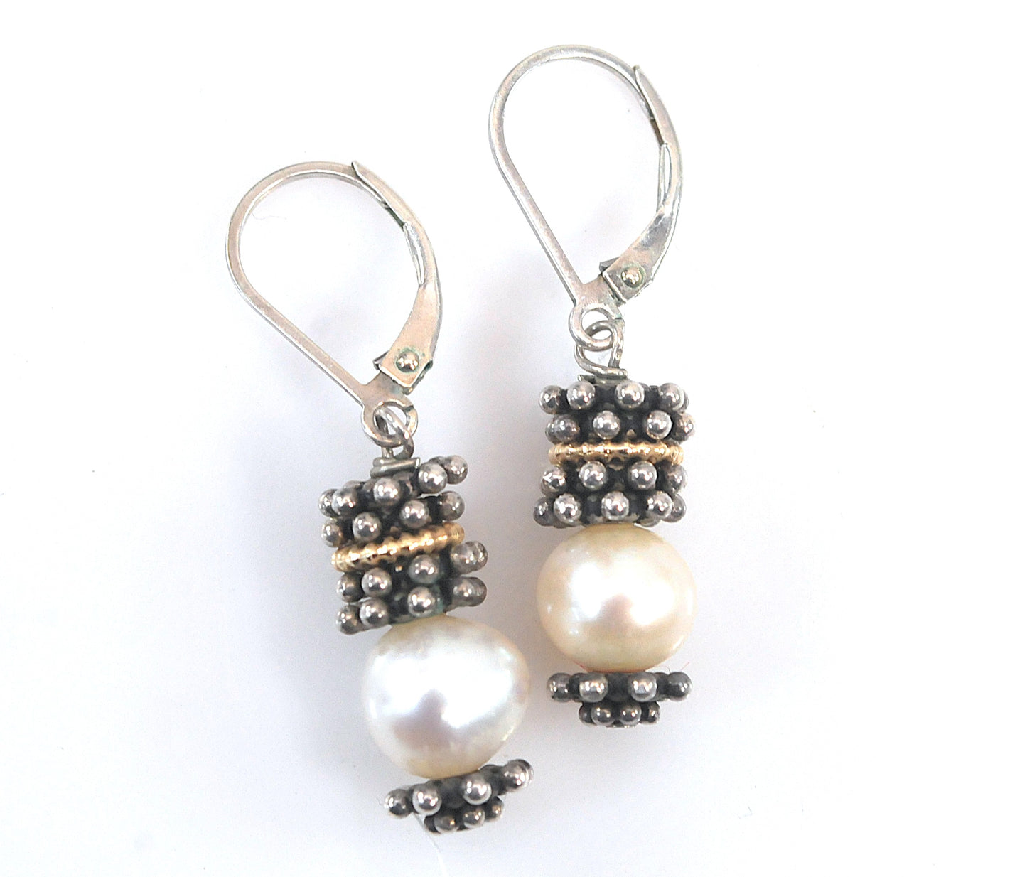 Estate 925 14K Gold White Cultured Pearl Earrings