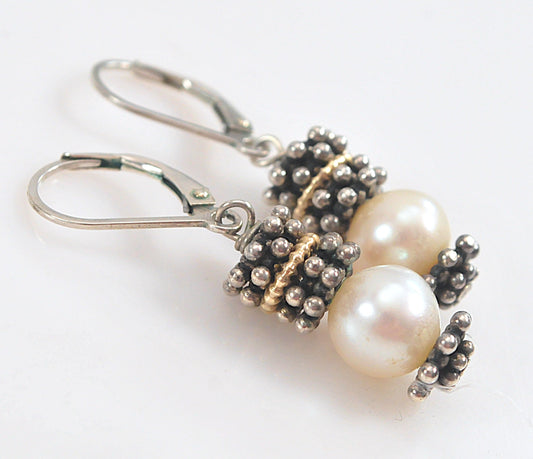 Estate 925 14K Gold White Cultured Pearl Earrings