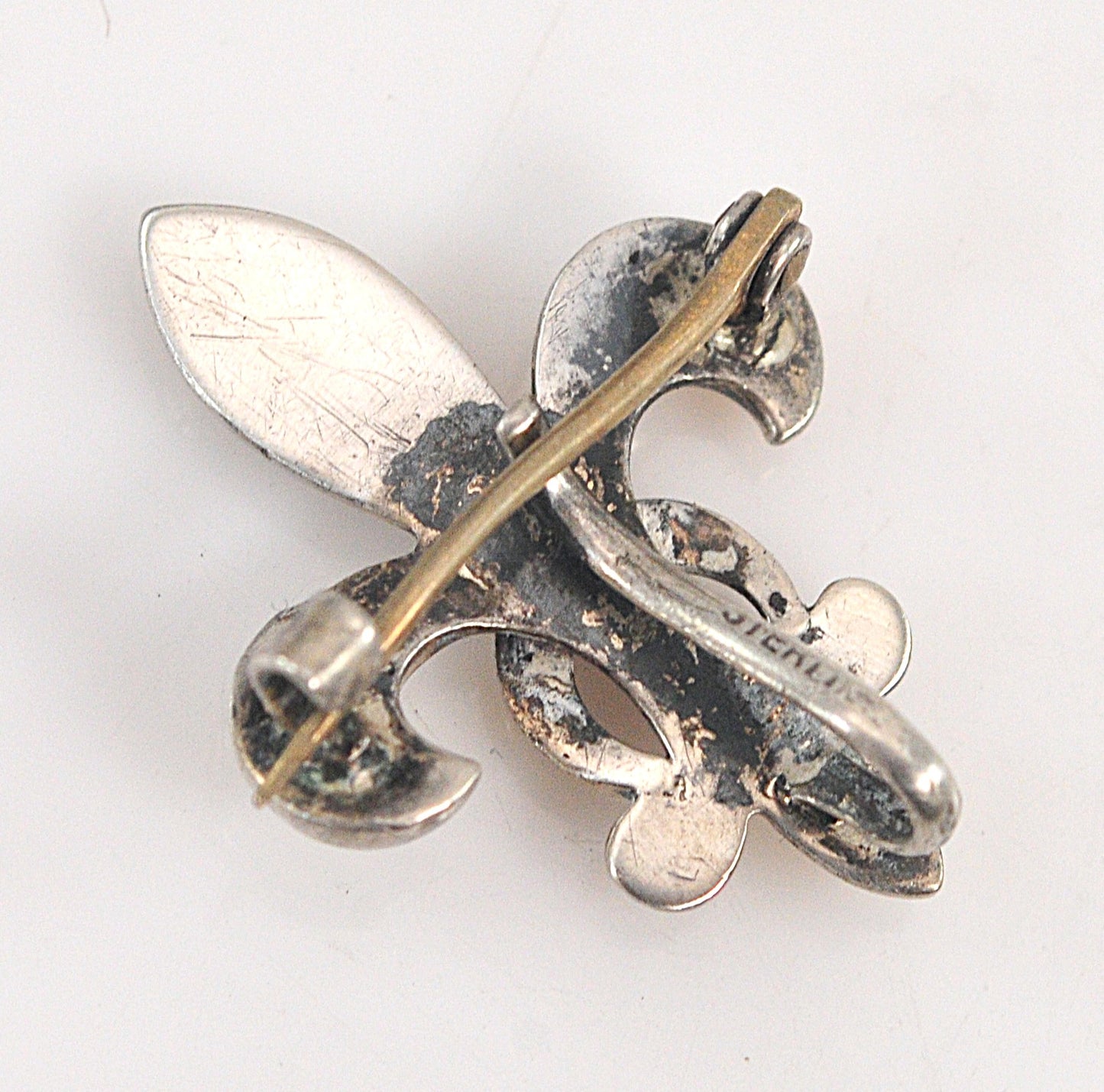 Antique Sterling Silver Gold Fleur de Lis Brooch Clip Pendant