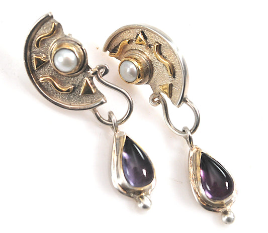 Artisan Sterling Silver Pearl Amethyst Earrings