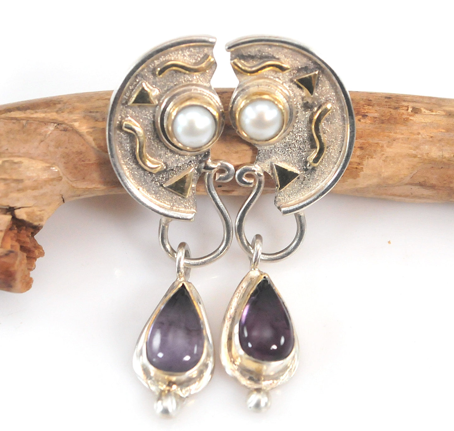 Artisan Sterling Silver Pearl Amethyst Earrings