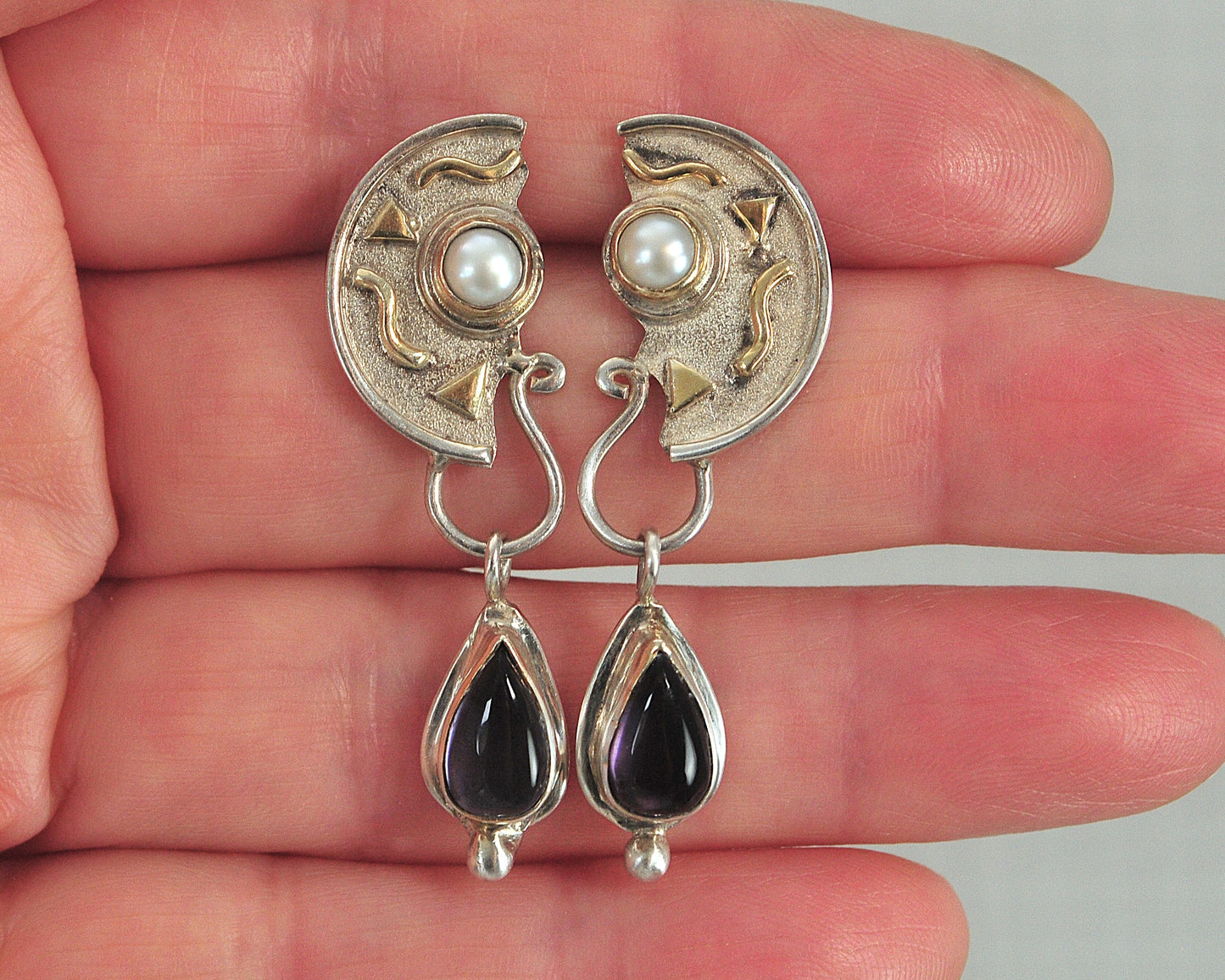Artisan Sterling Silver Pearl Amethyst Earrings