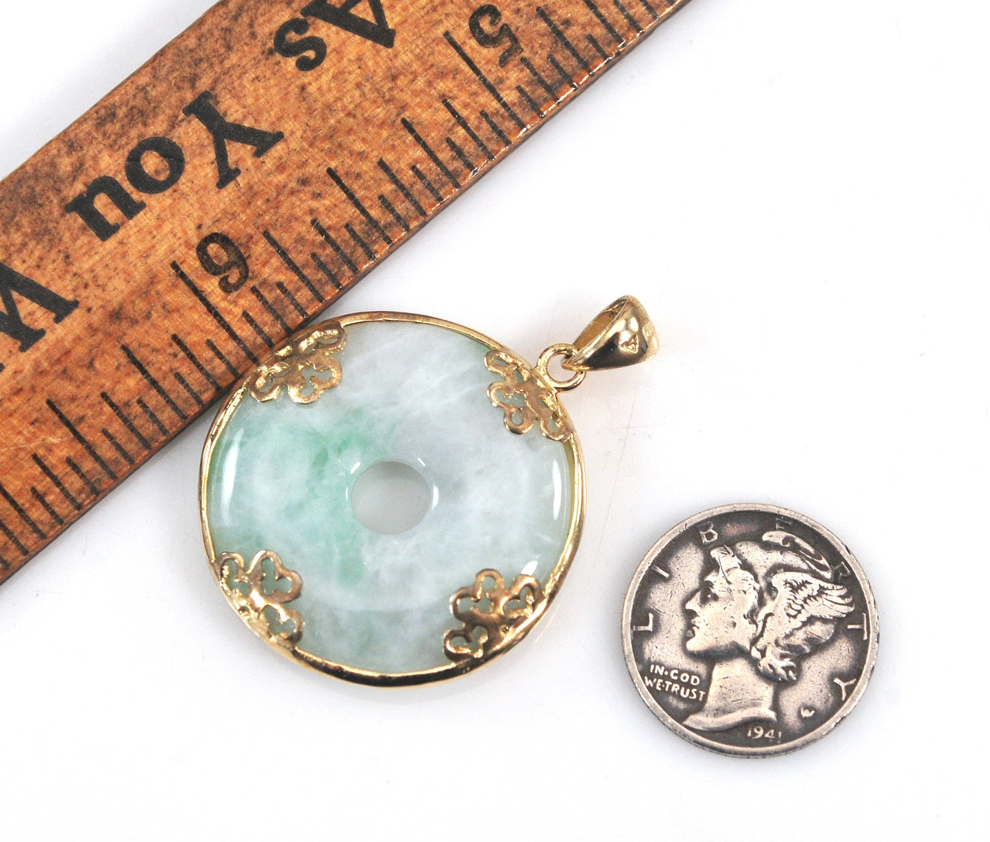Gold Over Sterling Silver Carved Jade Circle Pendant