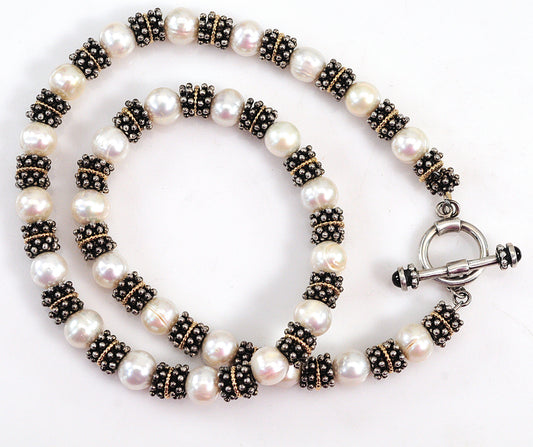 Estate 925 14K 8mm Pearl Toggle Necklace