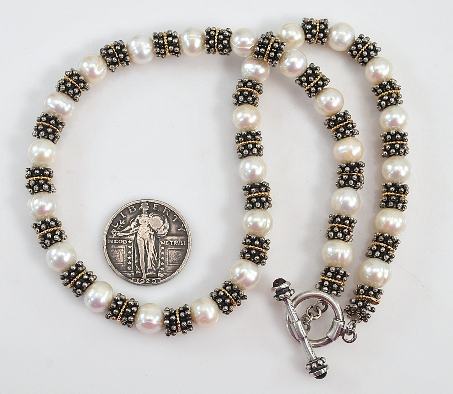 Estate 925 14K 8mm Pearl Toggle Necklace