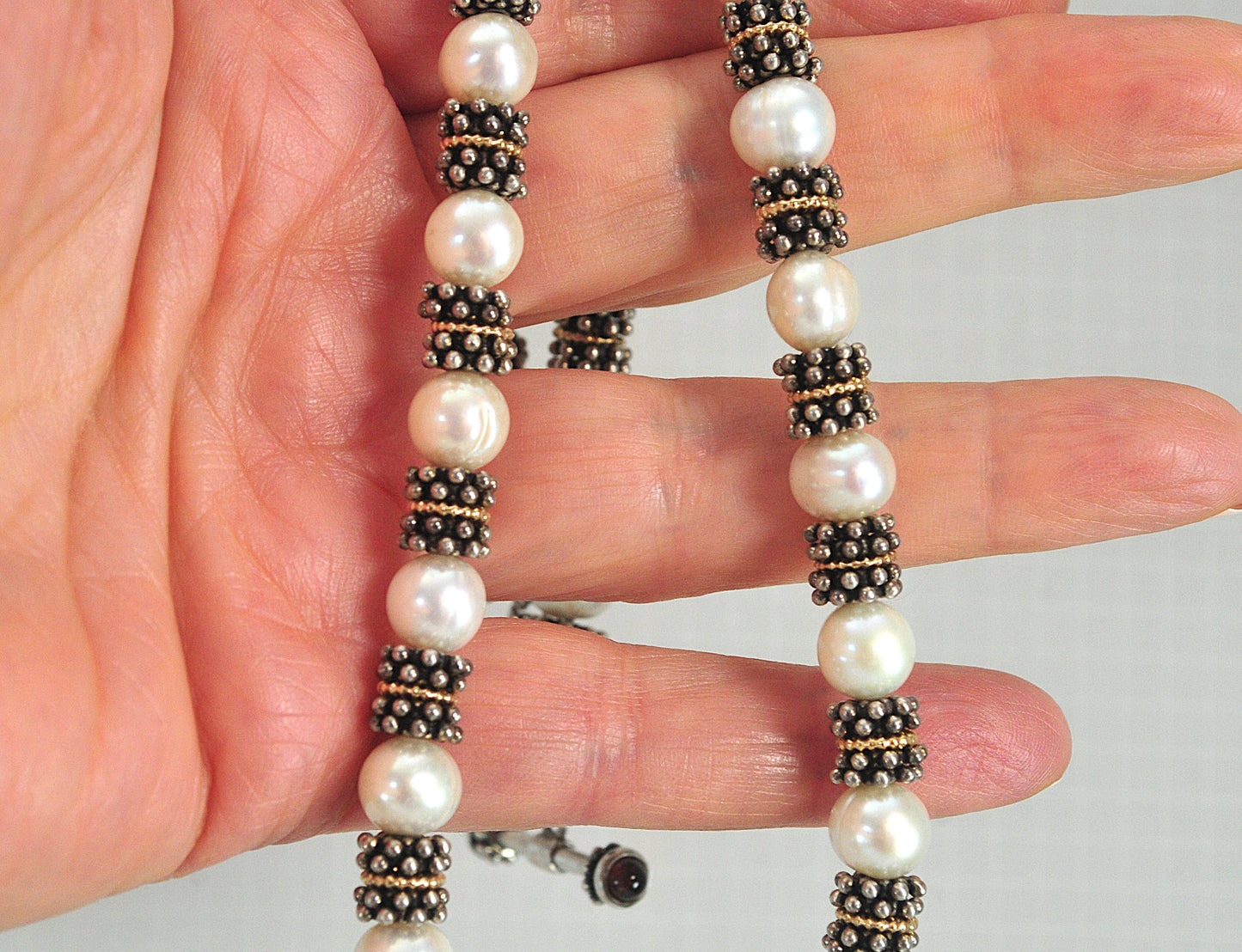 Estate 925 14K 8mm Pearl Toggle Necklace