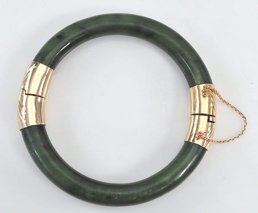 Heavy Vintage Hinged Carved Jade Bangle Bracelet