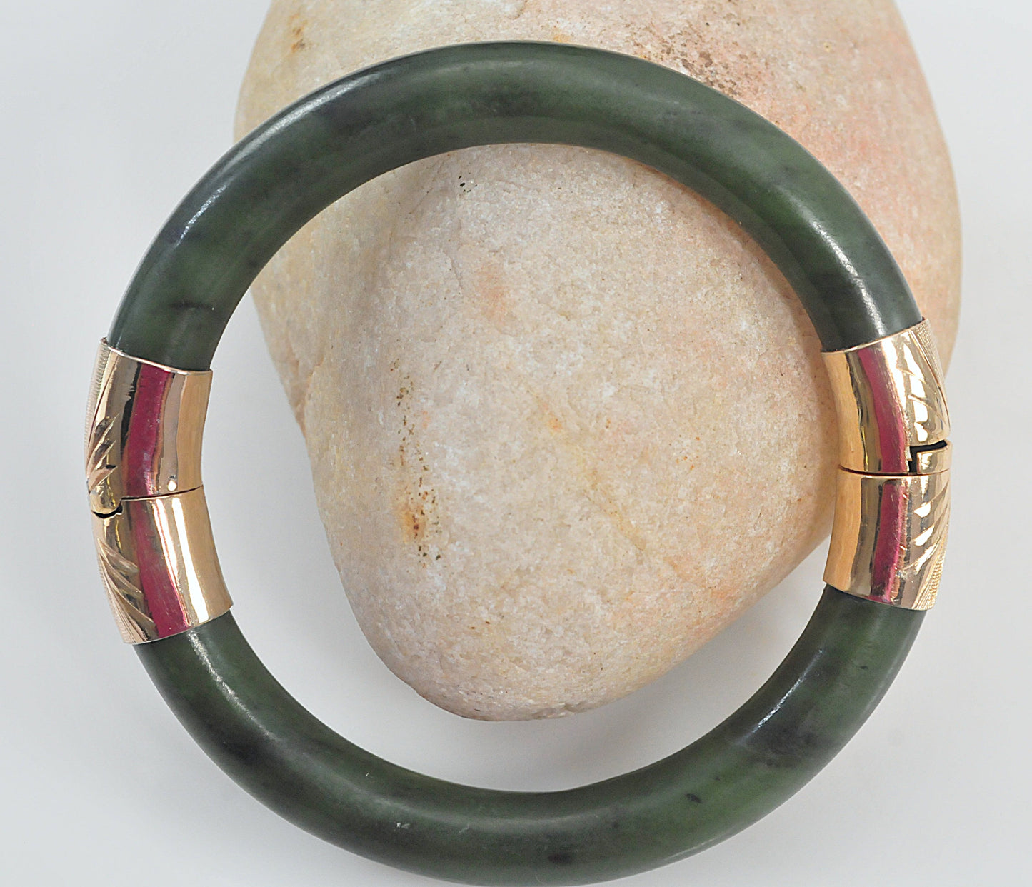 Heavy Vintage Hinged Carved Jade Bangle Bracelet