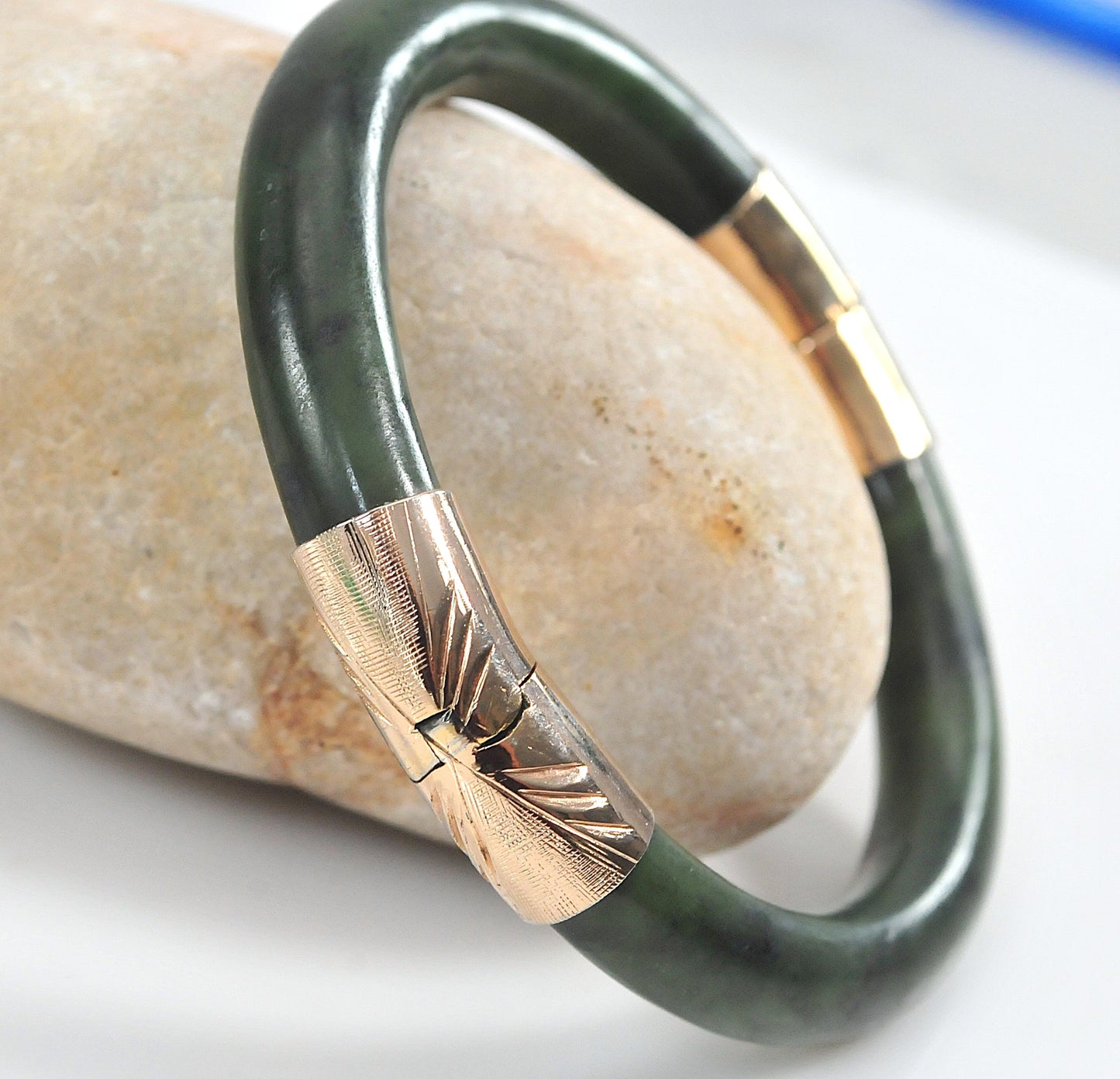 Heavy Vintage Hinged Carved Jade Bangle Bracelet