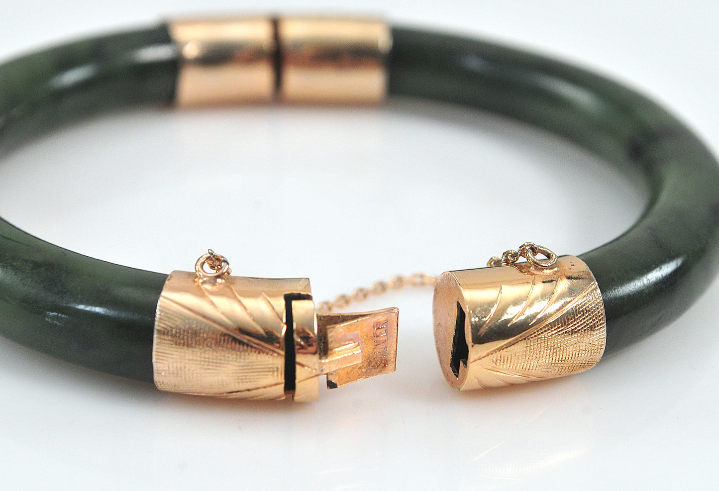 Heavy Vintage Hinged Carved Jade Bangle Bracelet