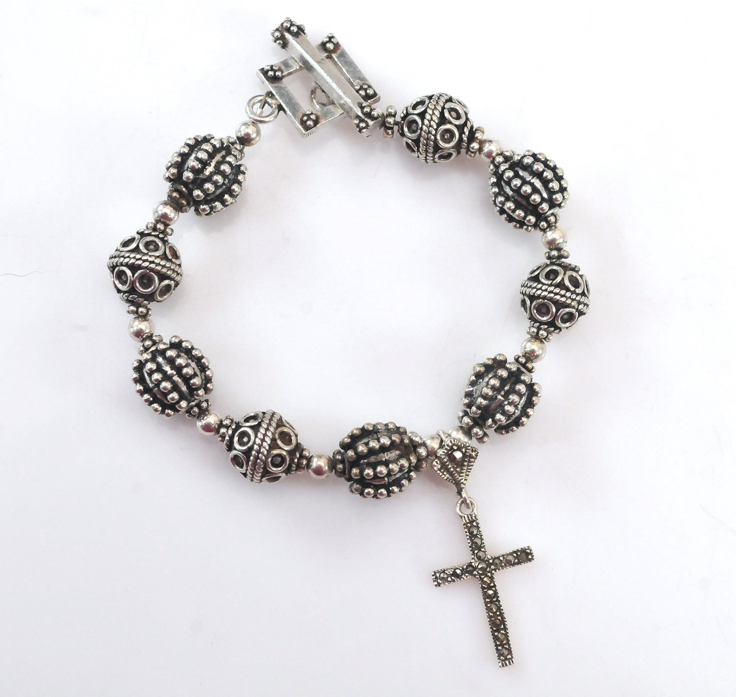 Vintage Sterling Silver Bali Beaded Cross Charm Bracelet