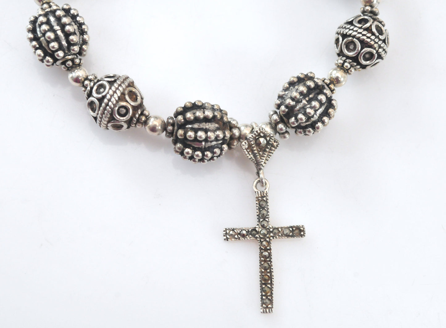 Vintage Sterling Silver Bali Beaded Cross Charm Bracelet