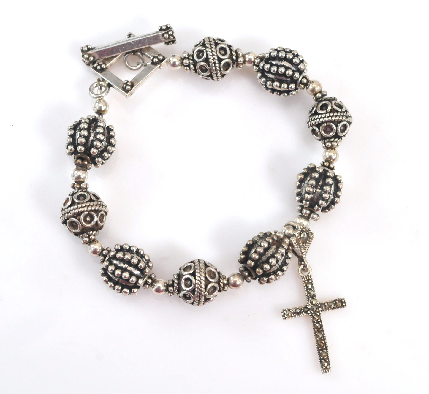 Vintage Sterling Silver Bali Beaded Cross Charm Bracelet