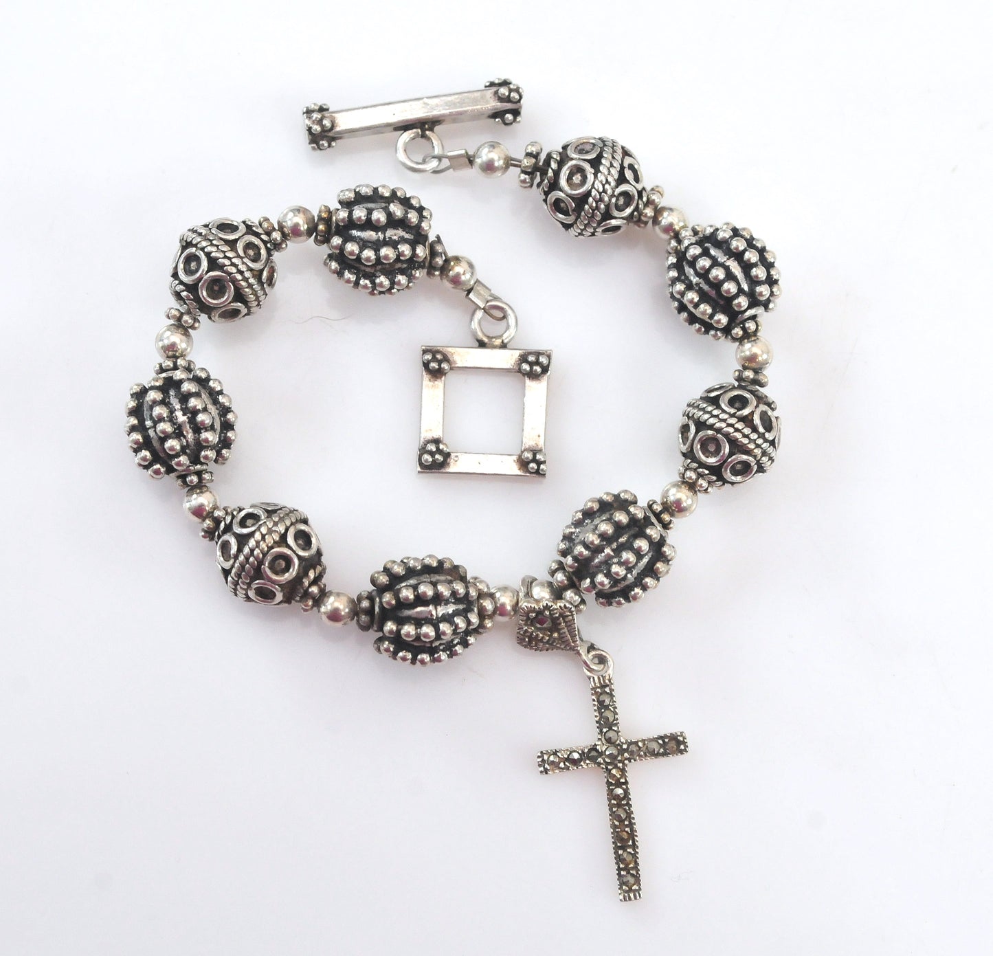 Vintage Sterling Silver Bali Beaded Cross Charm Bracelet