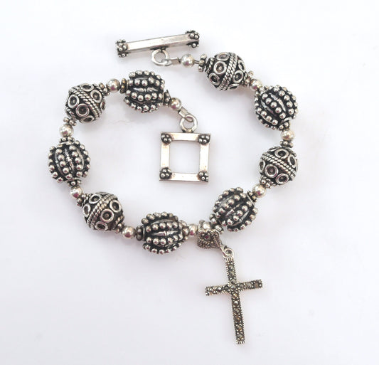 Vintage Sterling Silver Bali Beaded Cross Charm Bracelet