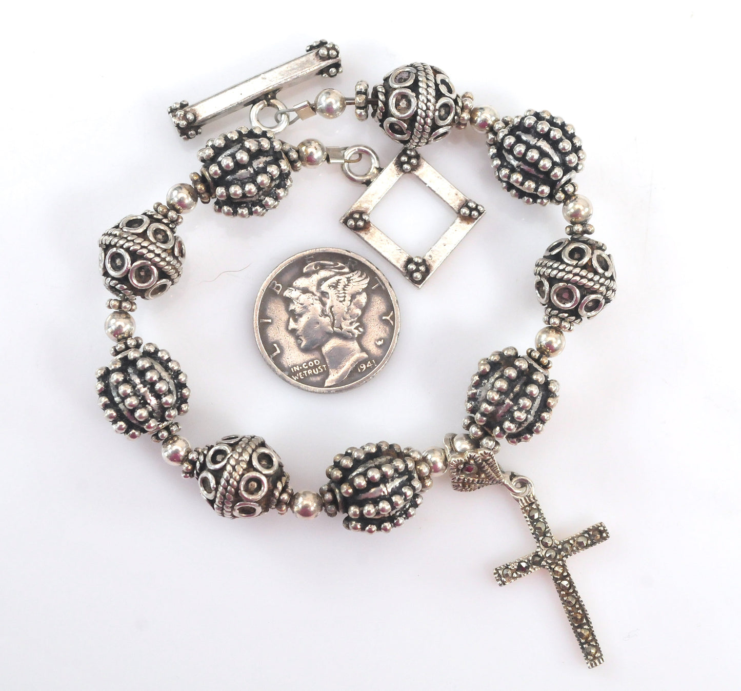 Vintage Sterling Silver Bali Beaded Cross Charm Bracelet