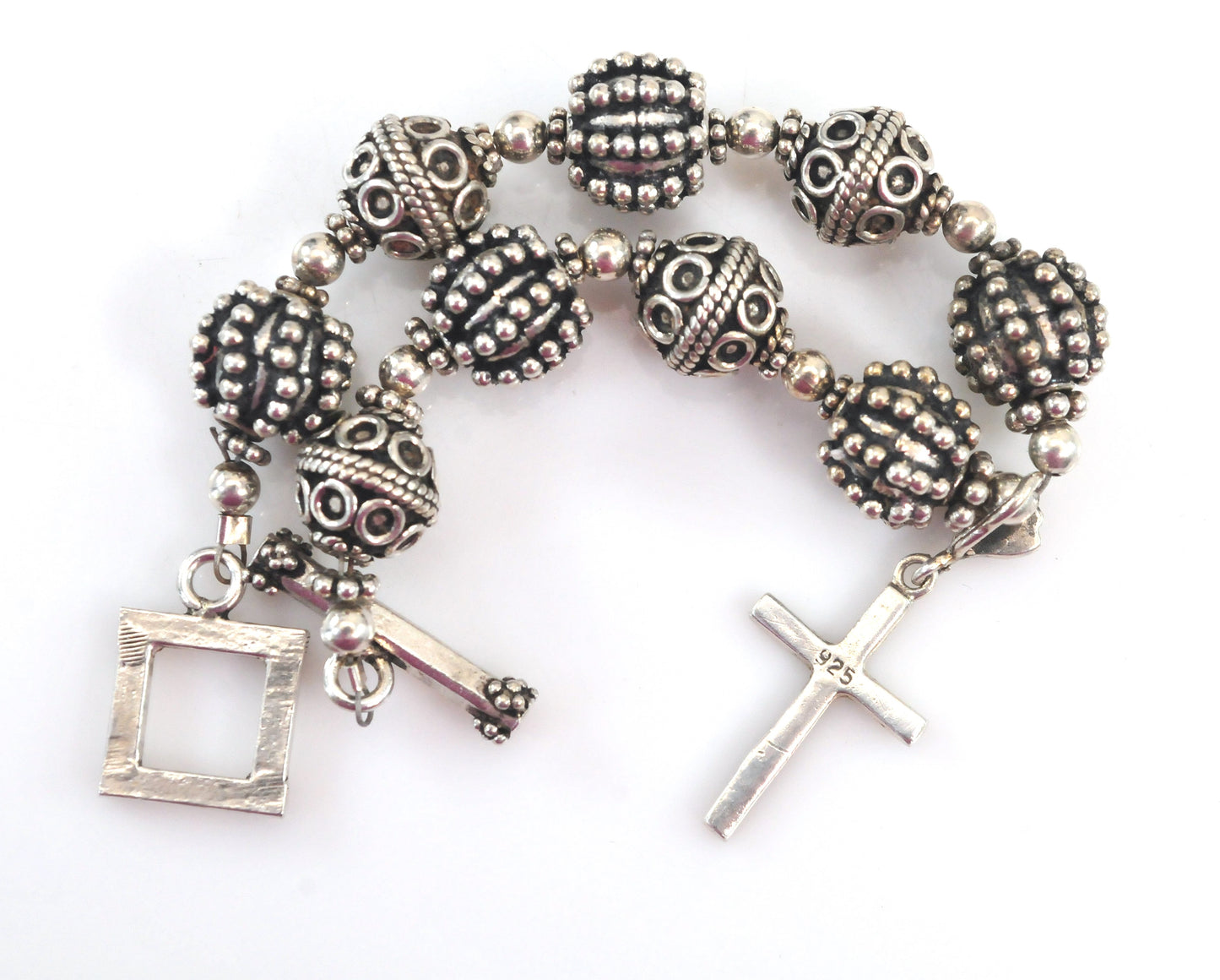 Vintage Sterling Silver Bali Beaded Cross Charm Bracelet
