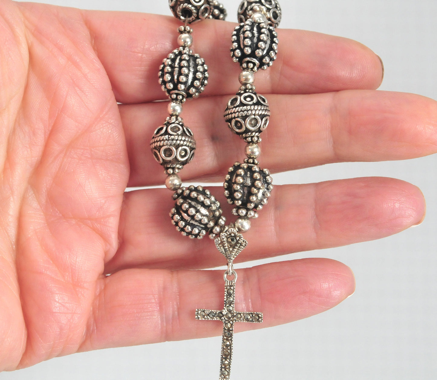 Vintage Sterling Silver Bali Beaded Cross Charm Bracelet