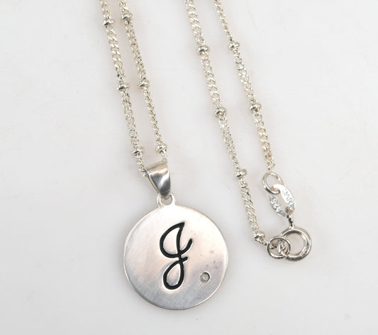Sterling Silver "J" Initial Diamond Pendant Necklace