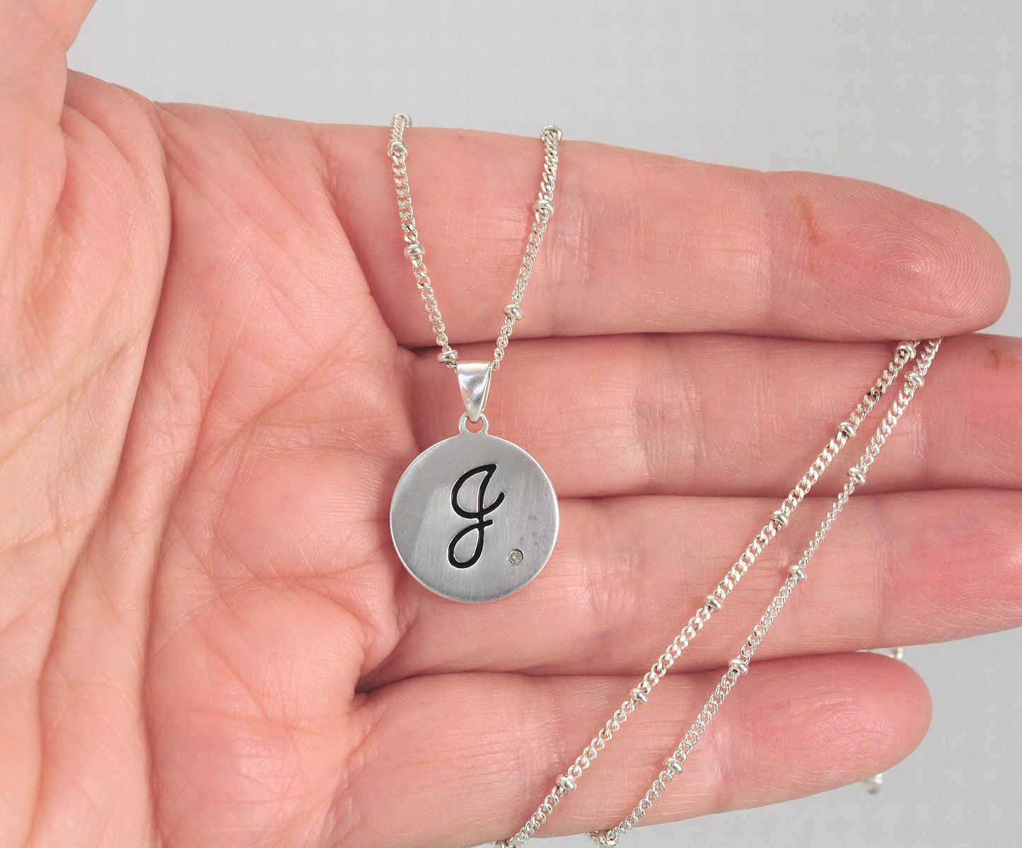 Sterling Silver "J" Initial Diamond Pendant Necklace