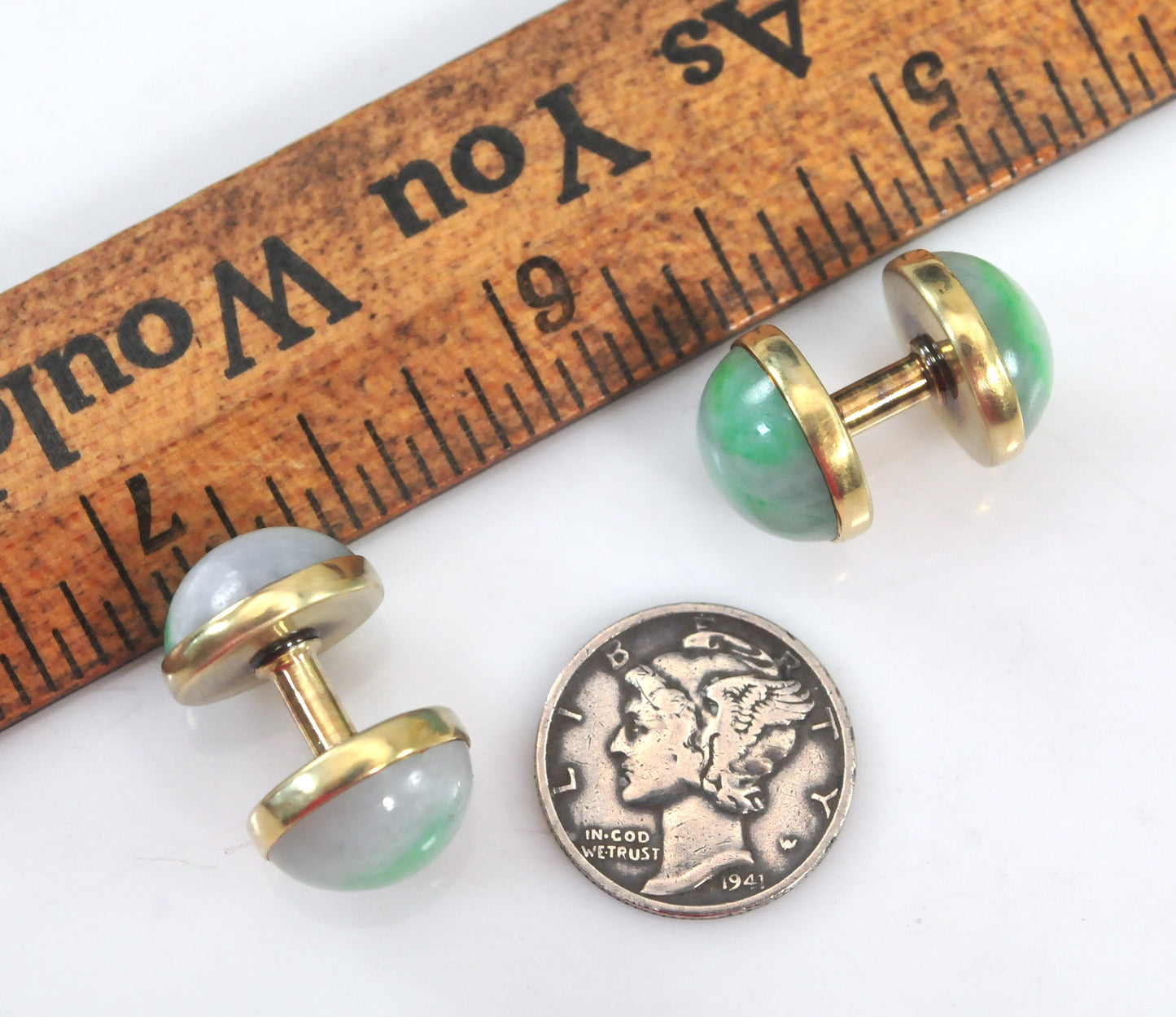 Vintage Estate Sansbury & Nellis 14K Gold Jade Cuff Links