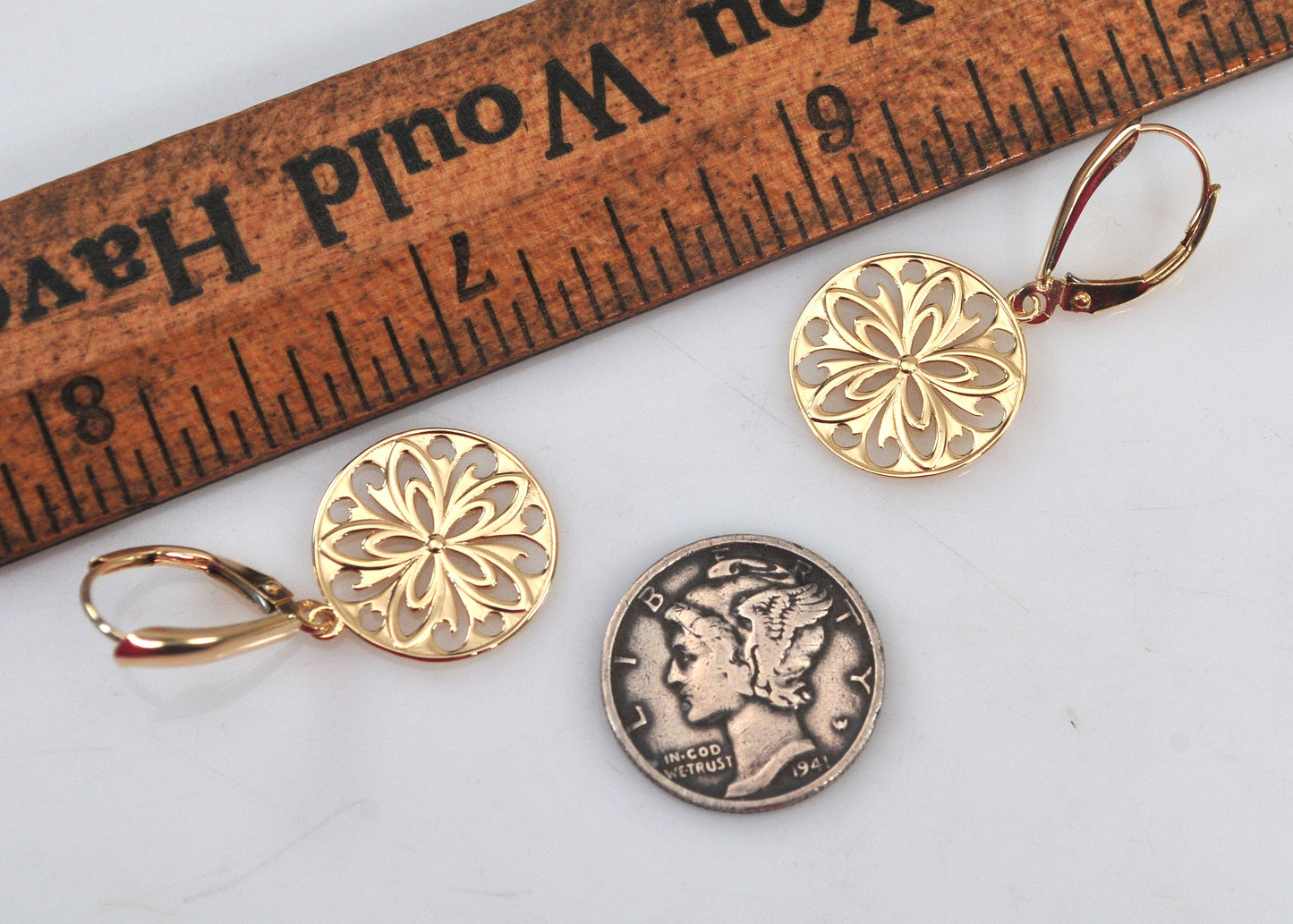 Signed 14K Gold Circle Filagree Earrings