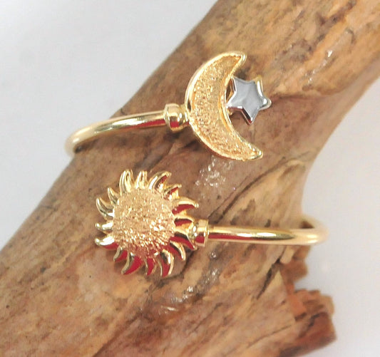 14K Gold Moon Star Sun Bypass Ring