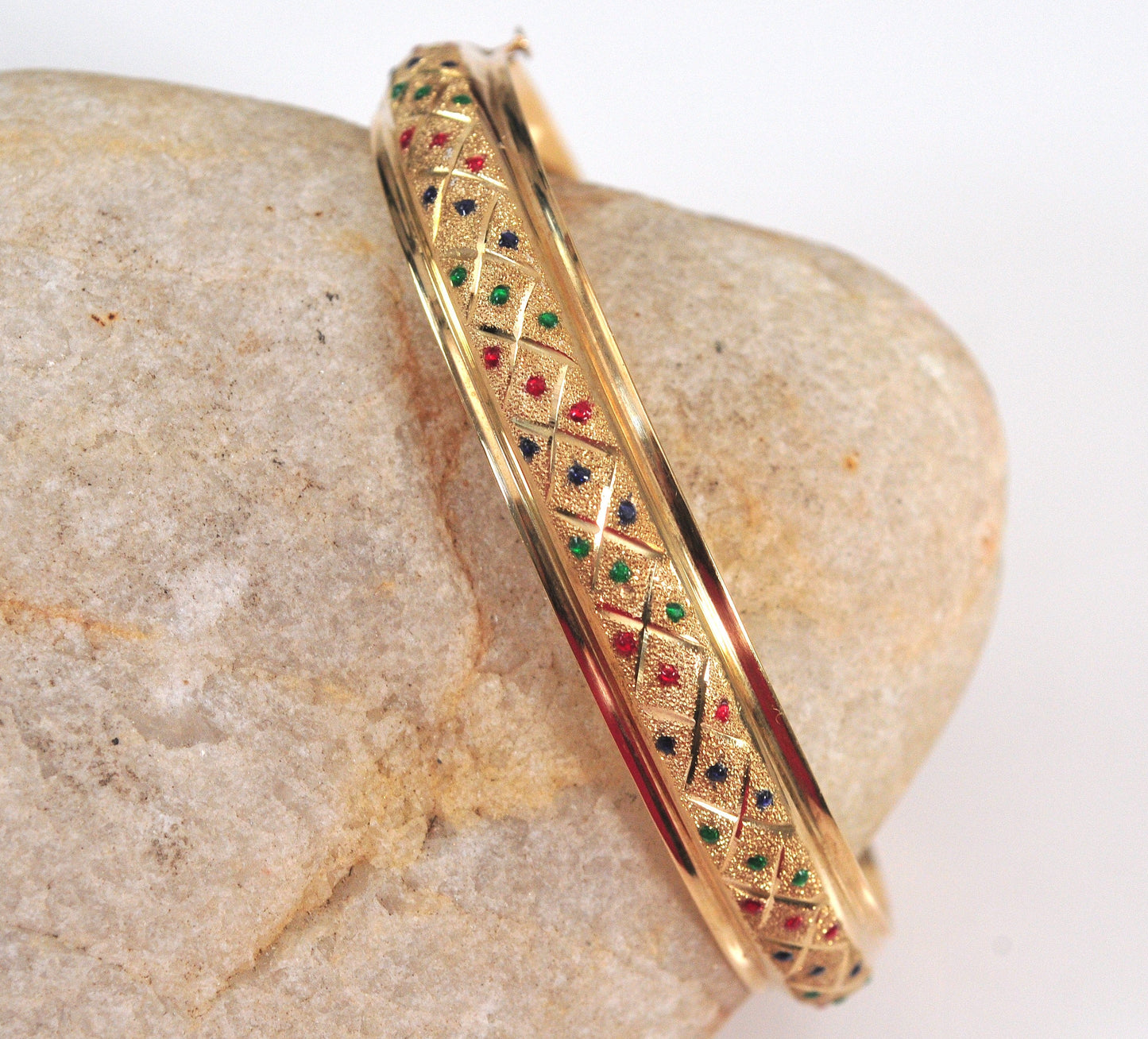 Estate 14K Gold Enamel Dot Bangle Bracelet