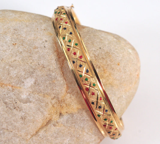 Estate 14K Gold Enamel Dot Bangle Bracelet